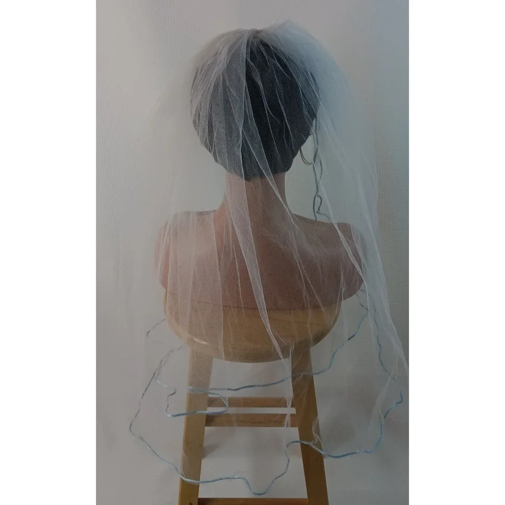 Bridal wedding Tulle net Blue Rolled hem Hair Comb layered short Veil 29.5